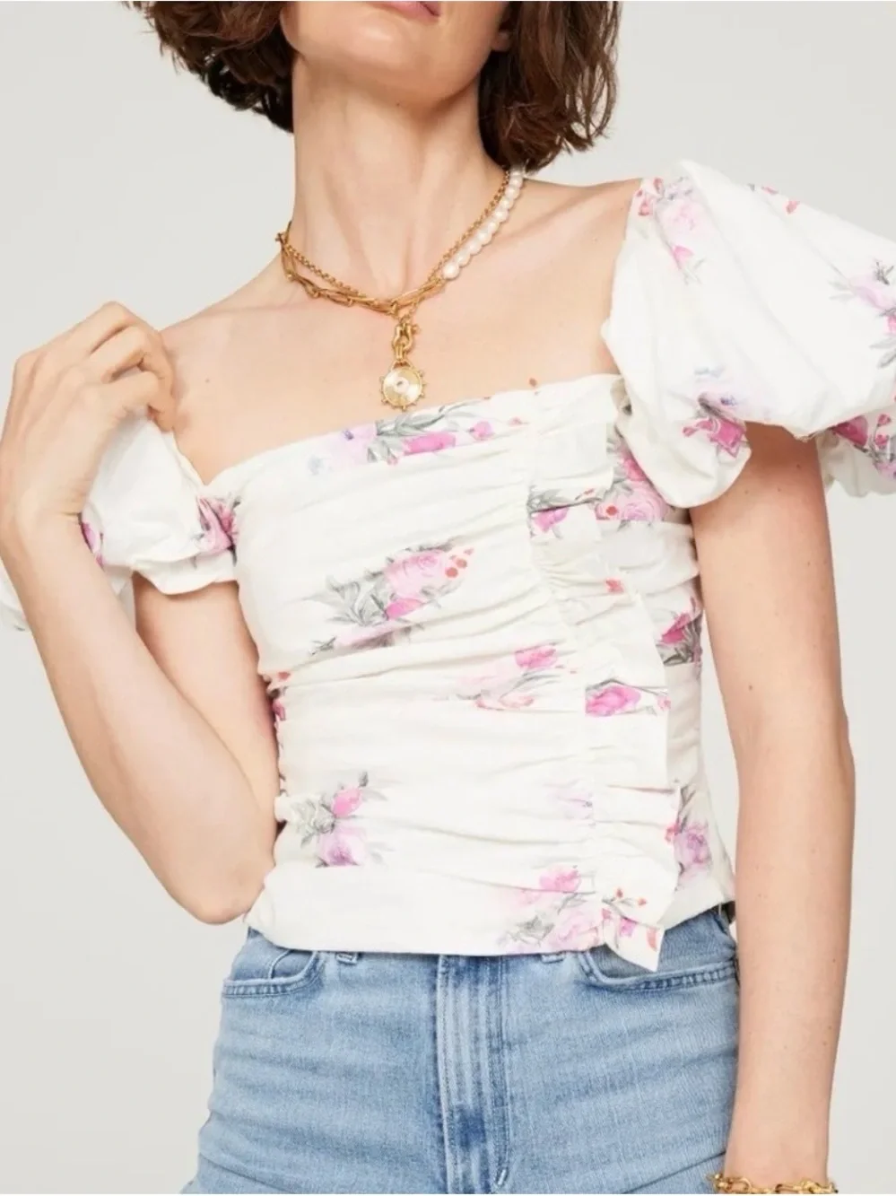 LoveShackFancy Dalima White Top Puff-Sleeve Floral Ruched Ruffled Puff 8
